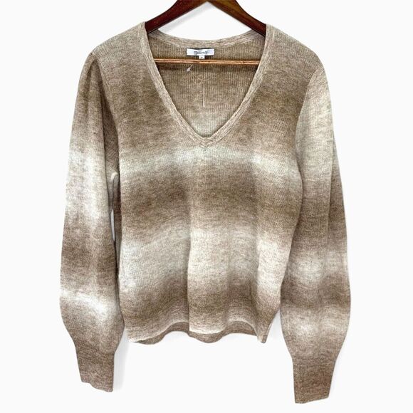 Madewell Alpaca Blend Sweater Women XL Deep V Neck Gradient Beige Quiet Luxury - Picture 2 of 8